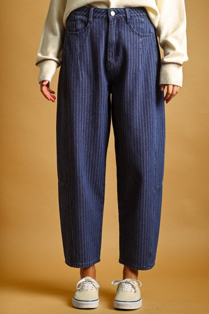 Pinstriped Pattern Denim Blue Barrel Pants