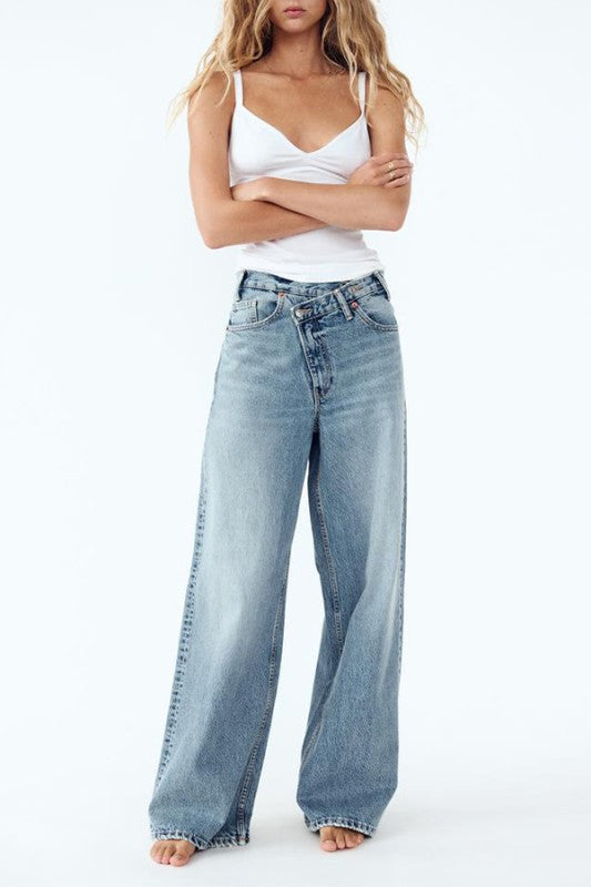 Cross Button Wide Leg Straight Loose Jeans