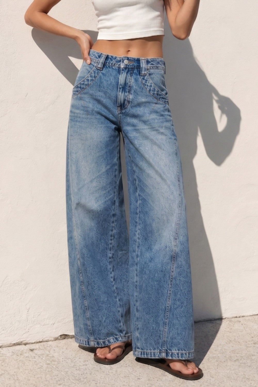 Washed Wide Curved Denim Jeans