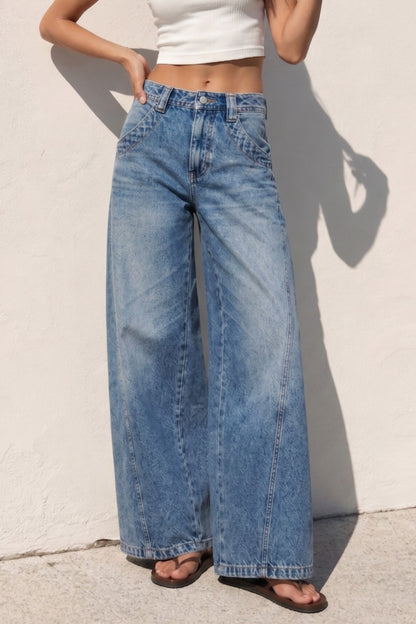 Washed Wide Curved Denim Jeans