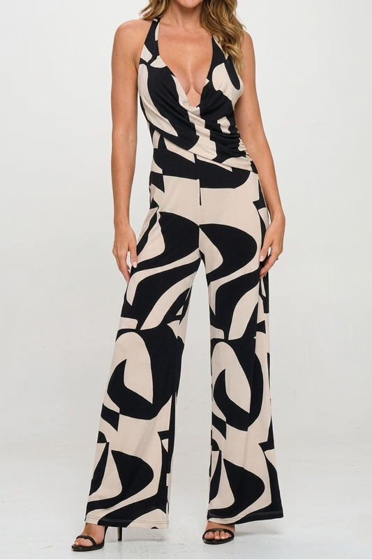 Black And White Halter Draped Wide Leg Jumpsuit