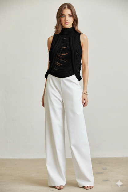 Shredded Rib-knit Turtleneck Top