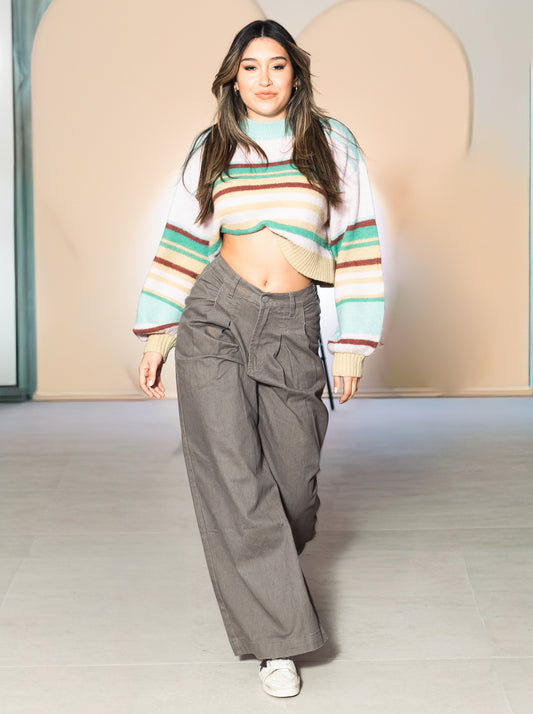 Striped Brushed Mock Neck Sweater Top