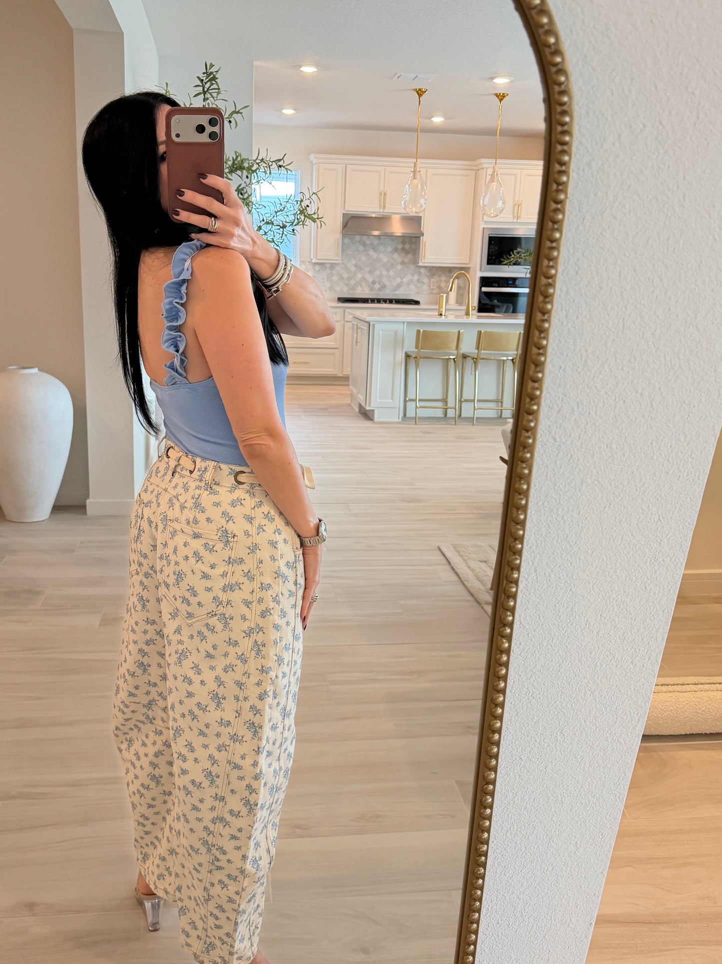 Eyelet Belt Floral Print Denim Barrel Pants