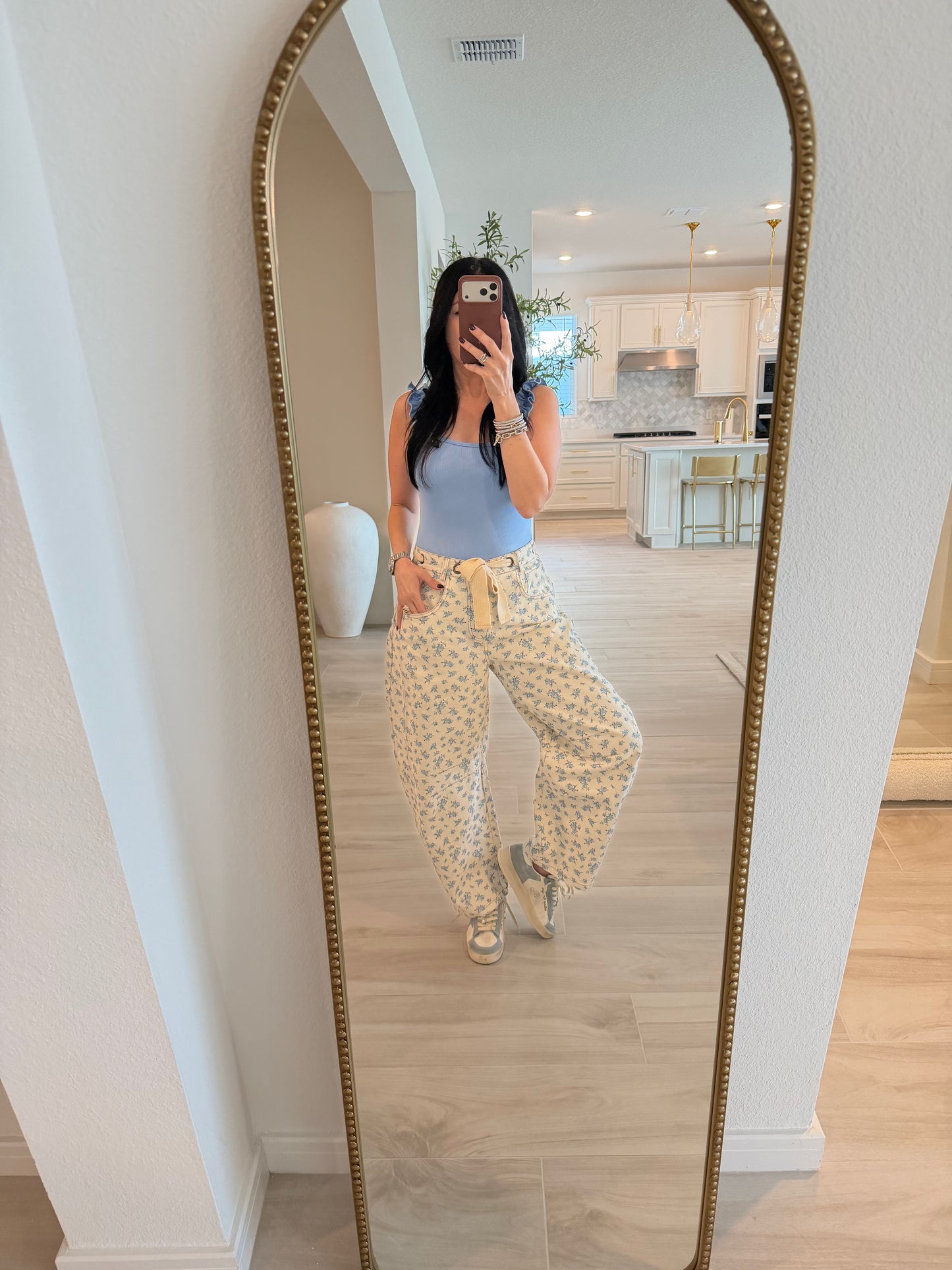 Eyelet Belt Floral Print Denim Barrel Pants