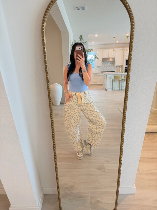 Eyelet Belt Floral Print Denim Barrel Pants