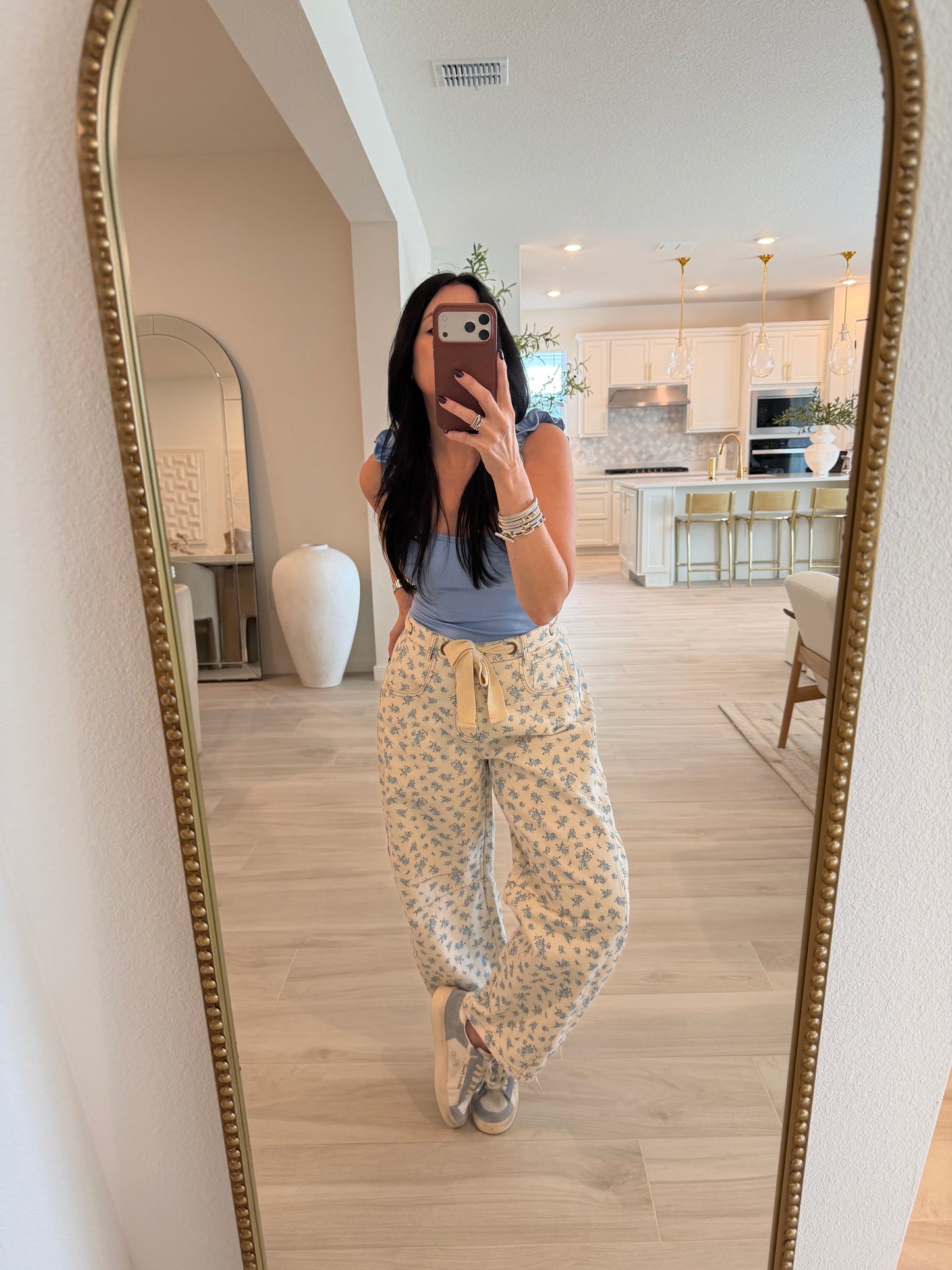 Eyelet Belt Floral Print Denim Barrel Pants