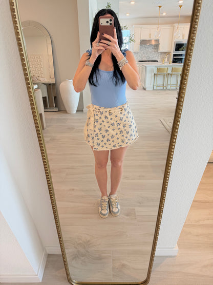 Eyelet Belt Detailed Cotton Twill Denim Wrap Skort