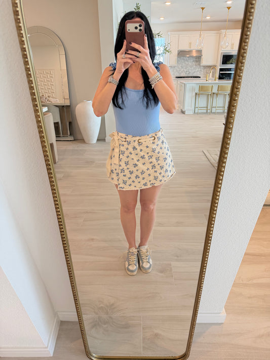 Eyelet Belt Detailed Cotton Twill Denim Wrap Skort