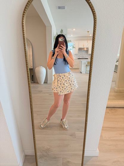 Eyelet Belt Detailed Cotton Twill Denim Wrap Skort