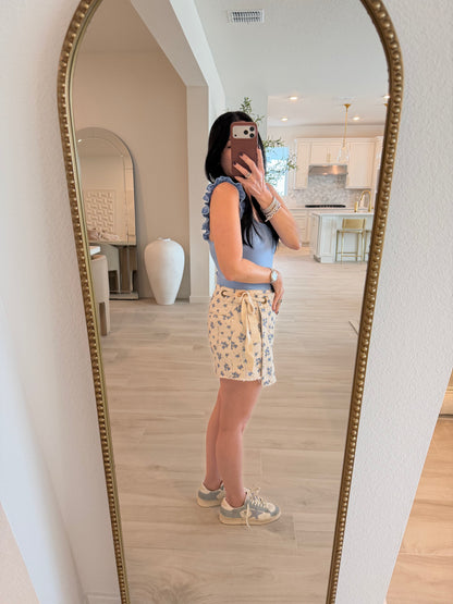 Eyelet Belt Detailed Cotton Twill Denim Wrap Skort