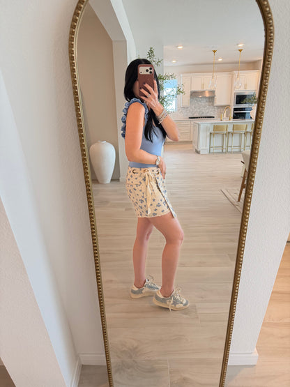 Eyelet Belt Detailed Cotton Twill Denim Wrap Skort