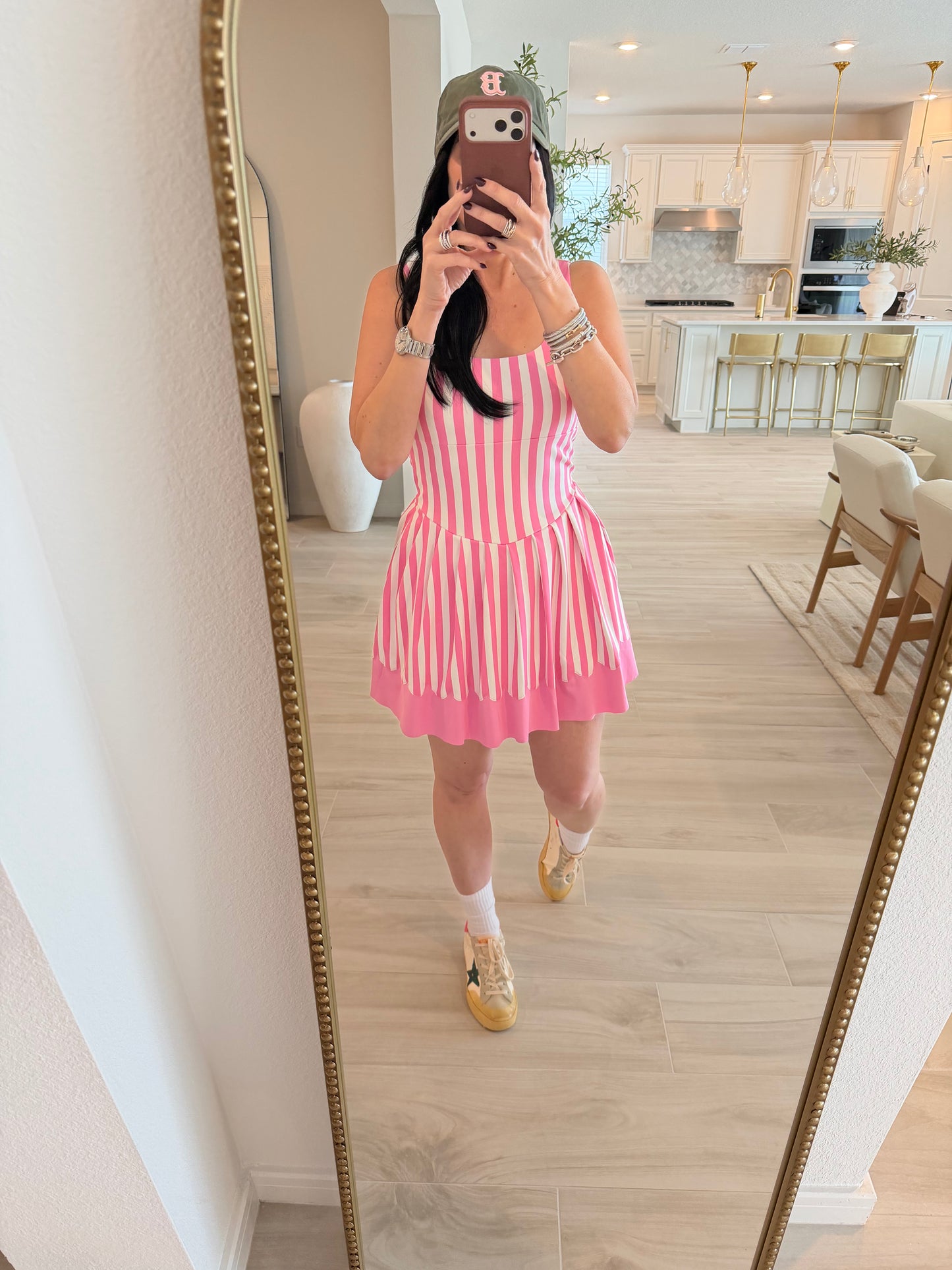 Wide Stripe Pleated Active Skort With Scallop