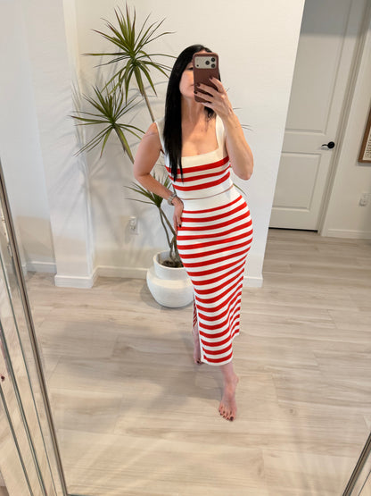 Stripe Sleeveless Knit Crop Top And Midi Skirt Set Red