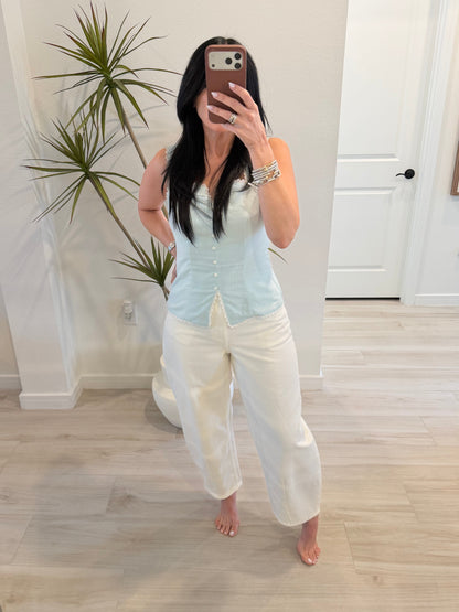 High-Waisted White Barrel-Leg Jeans