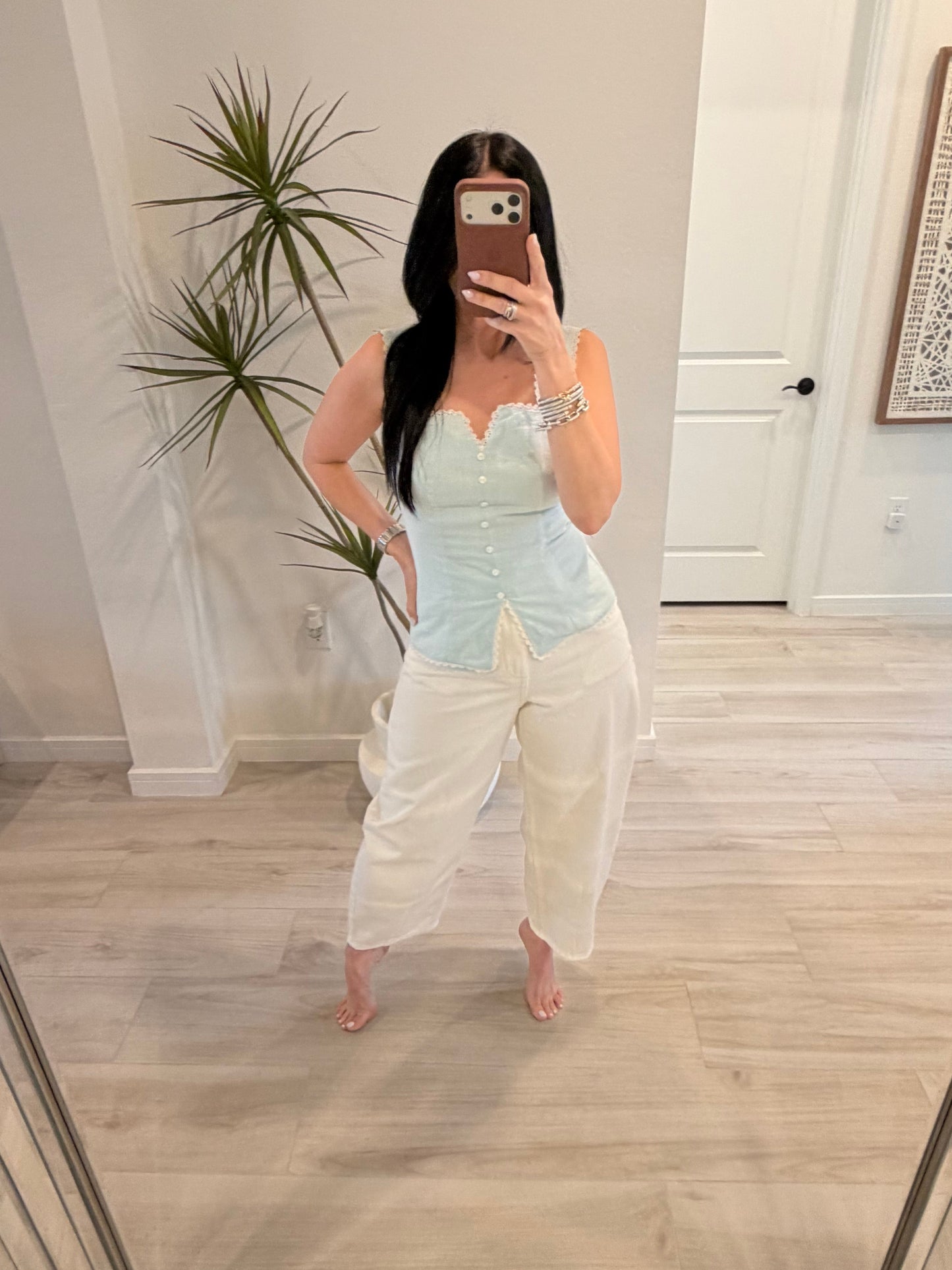 High-Waisted White Barrel-Leg Jeans