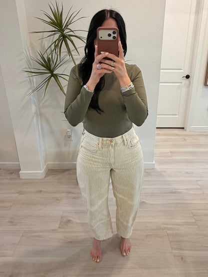 High-Waisted Green Striped Barrel-Leg Jeans