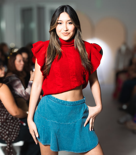 Cable Knit Crop Turtleneck Ruffle Sweater Top