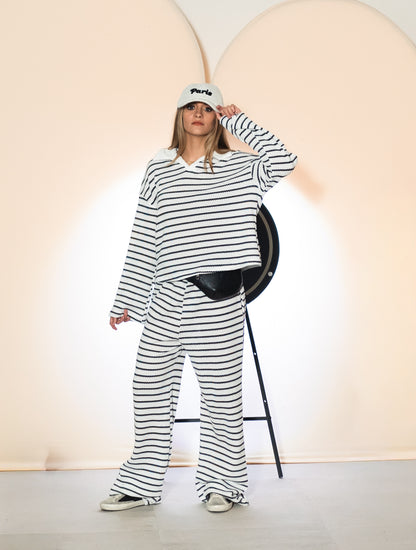 Striped Knit Pants Set With Collared Top