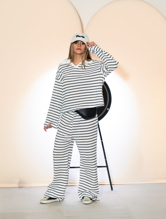Striped Knit Pants Set With Collared Top