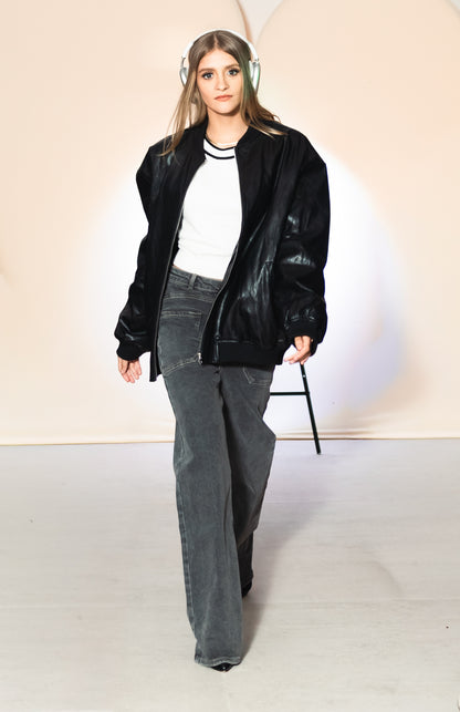 Oversized Faux Leather Bomber Jacket
