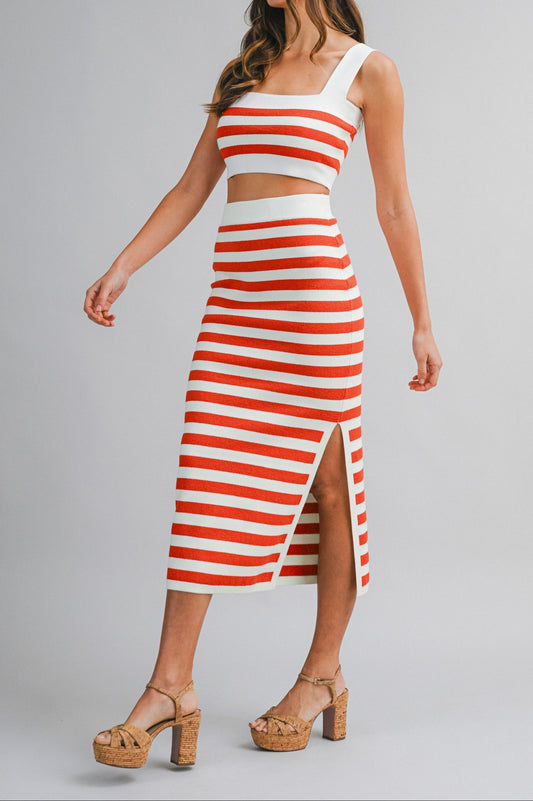 Stripe Sleeveless Knit Crop Top And Midi Skirt Set Red