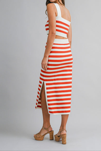Stripe Sleeveless Knit Crop Top And Midi Skirt Set Red