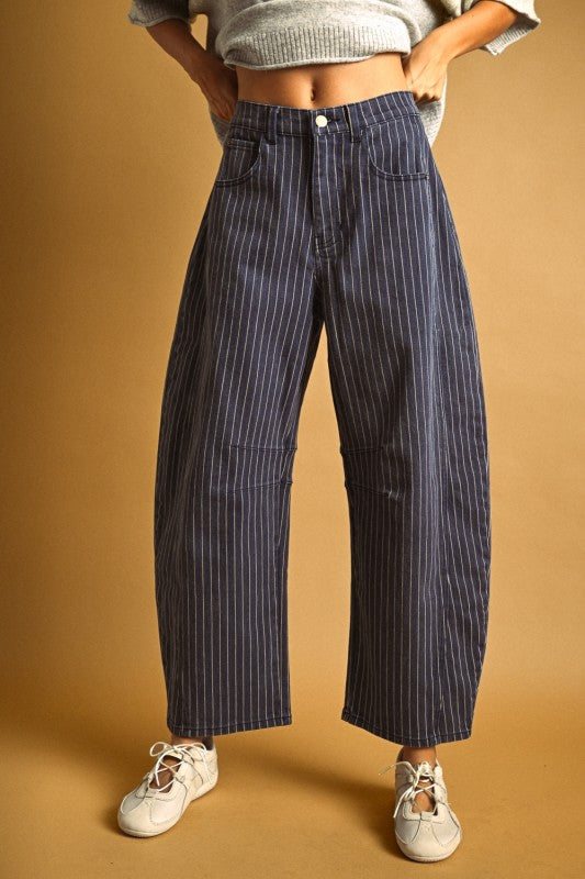 Pinstriped Pattern Denim Blue Barrel Pants