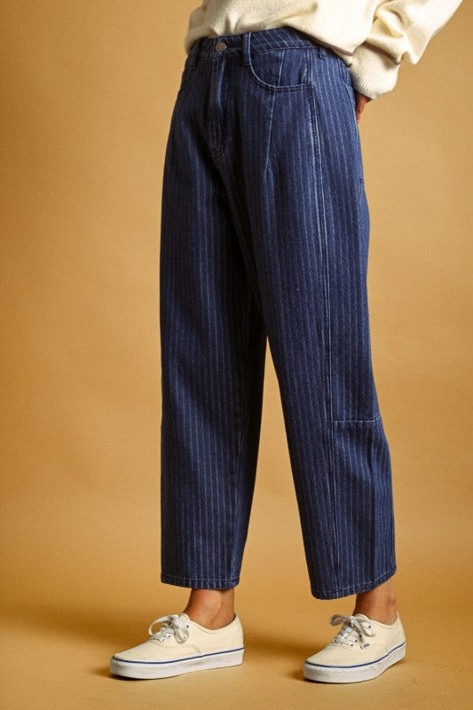Pinstriped Pattern Denim Blue Barrel Pants