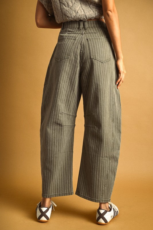 Pinstriped Pattern Olive Barrel Pants
