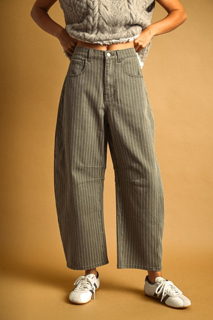 Pinstriped Pattern Olive Barrel Pants