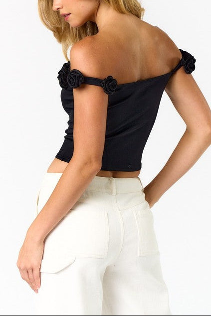 Rosette Off-Shoulder Crop Top