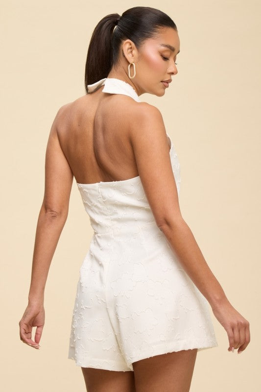 Rose Jacqurd Tie Front White Romper