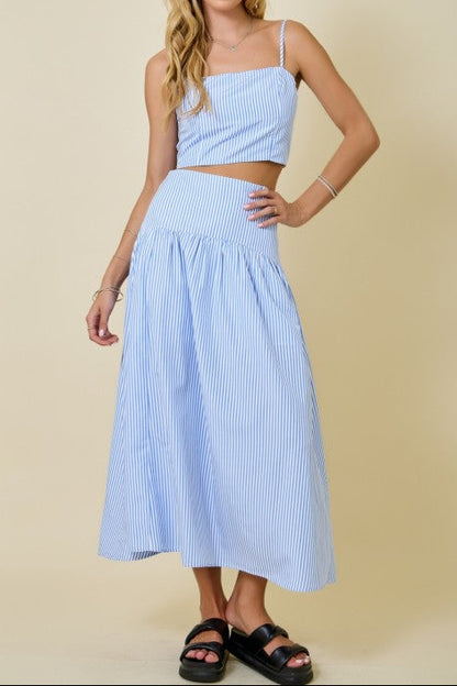 Stripe Crop Top With Adjustable Straps and Flared Maxi Skirt Set