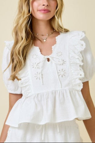Eyelet Flower Embroidered Tie Front Blouse Top