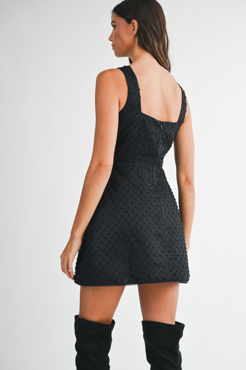 Sleeveless Square Neckline Mesh Beaded  Mini Dress
