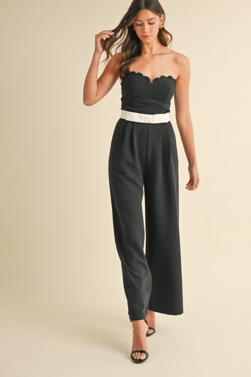 Bow Waist Sweetheart Scallop Neck Jumpsuit