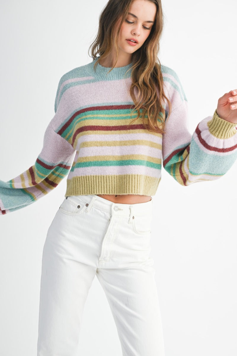 Striped Brushed Mock Neck Sweater Top