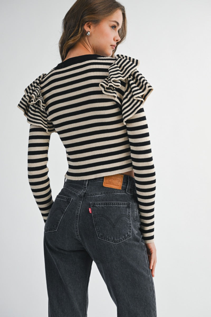 Stripe Ruffle Detail Long Sleeve Knit Top