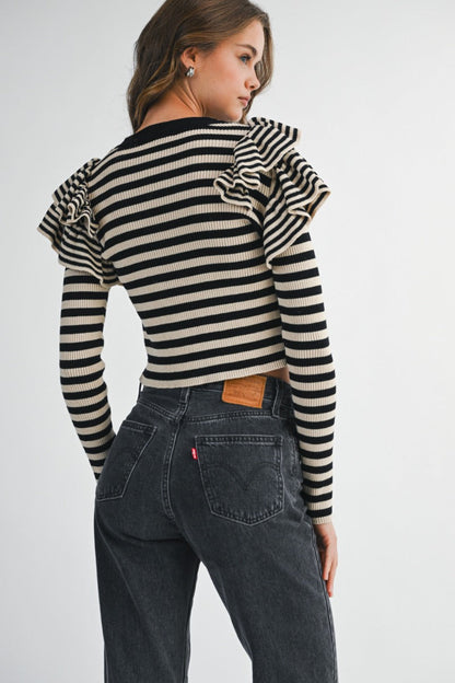 Stripe Ruffle Detail Long Sleeve Knit Top